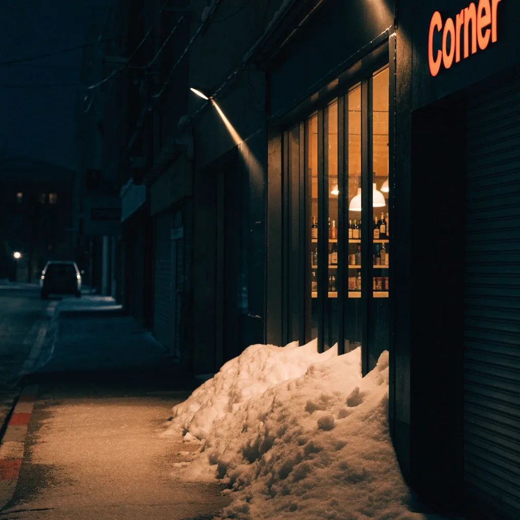Corner storefront with warm windows and snow on the sidewalk at night