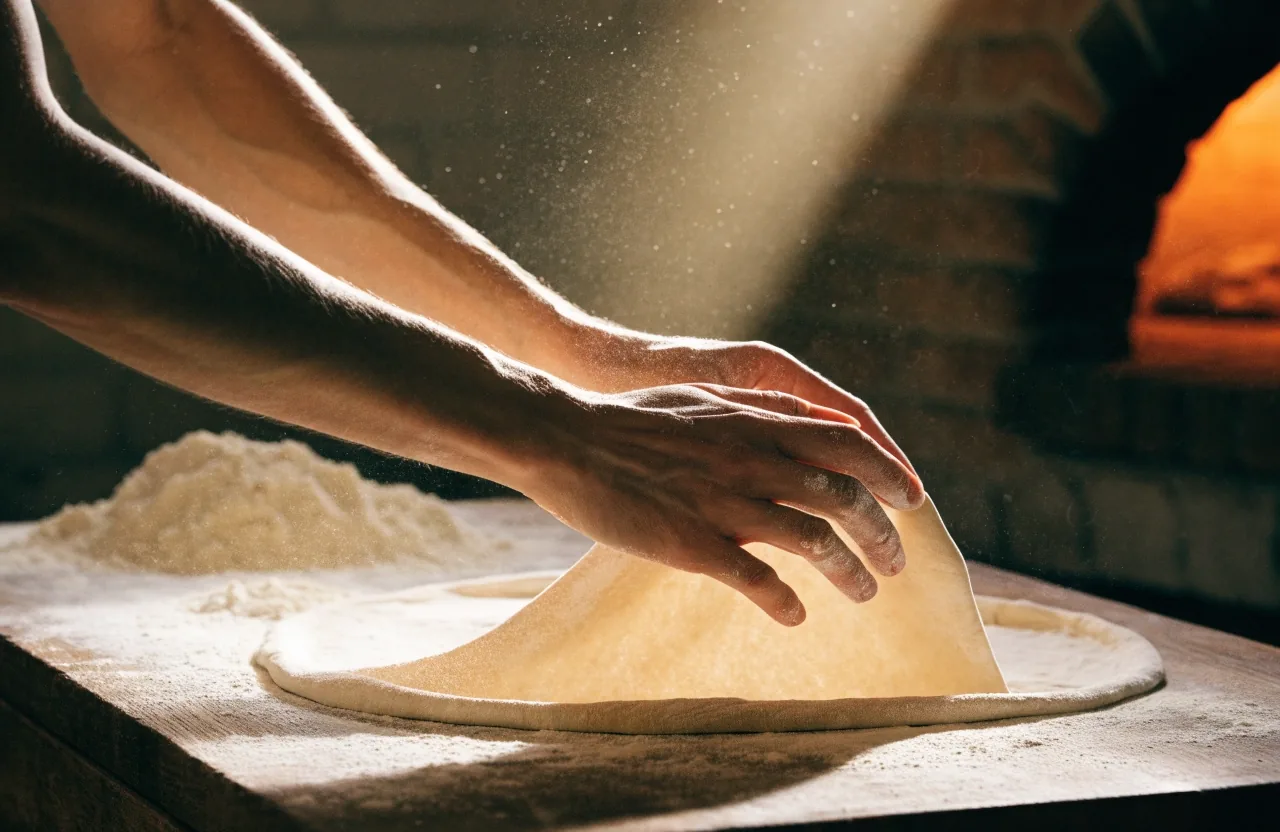 Hands stretching pizza dough on a floured bench in warm light