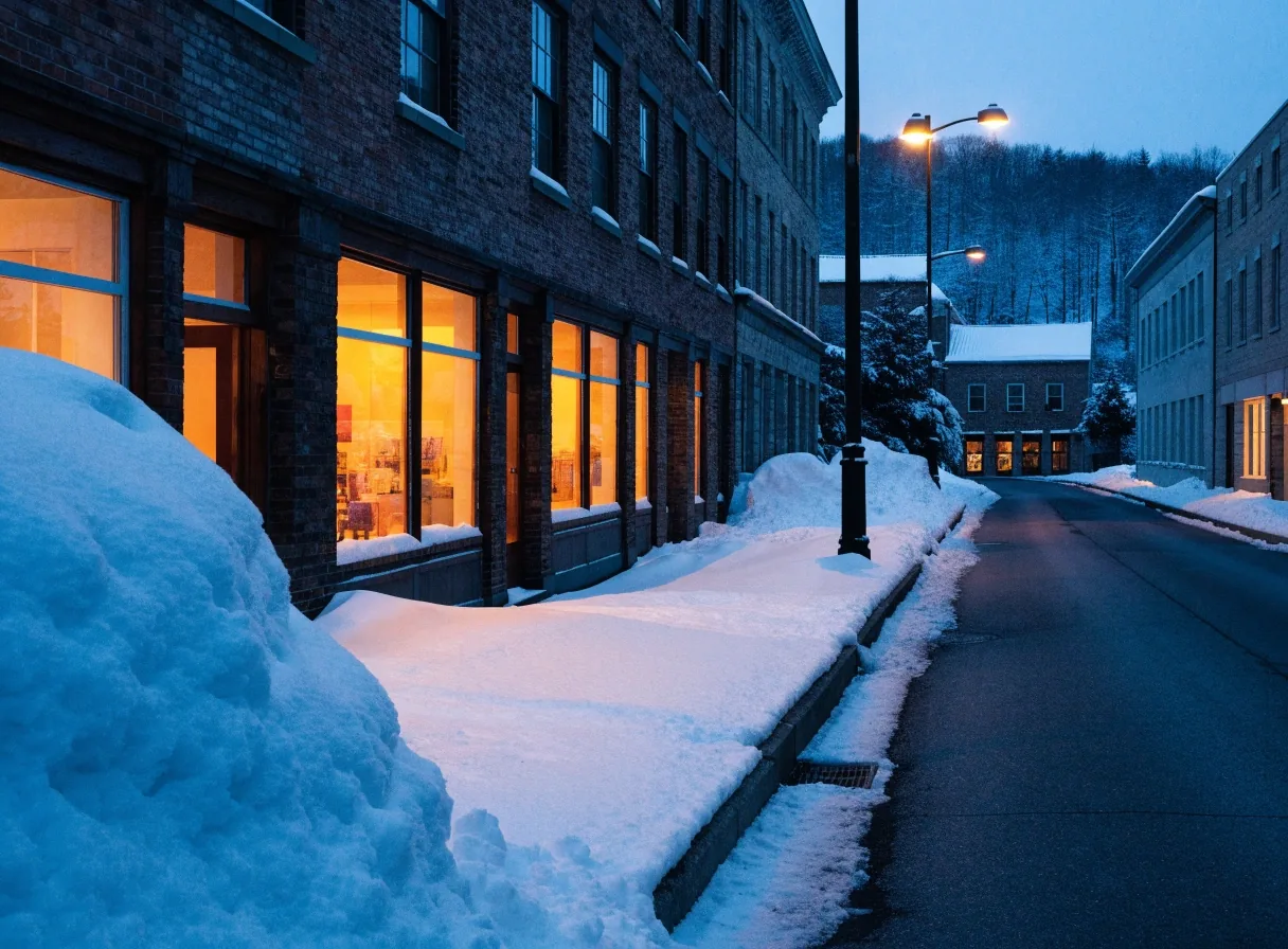 New England main street at dusk in winter with warm storefront windows