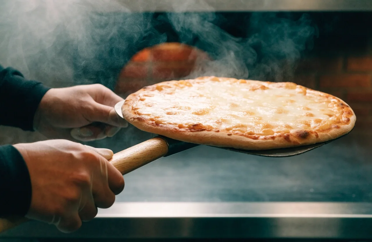 Thin crust pizza on a peel at the pass with steam rising