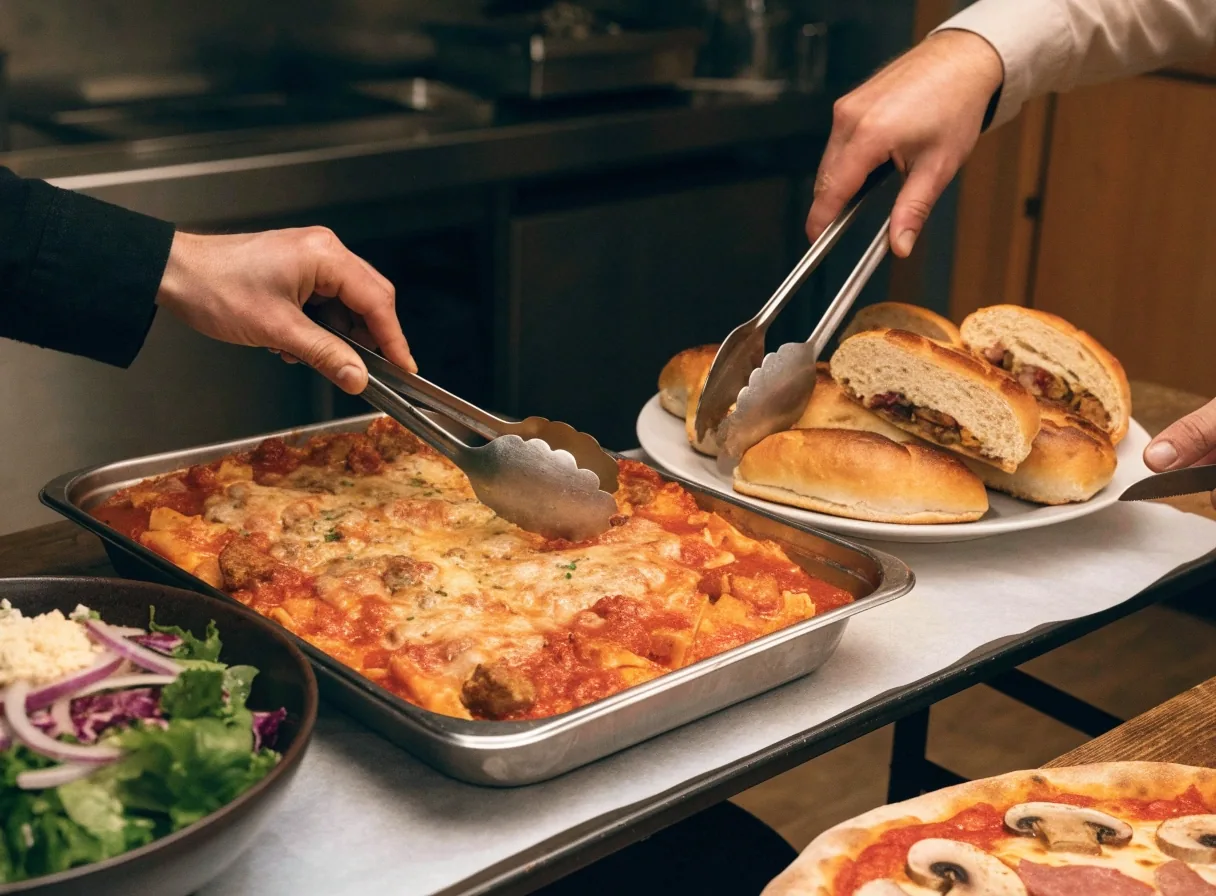 Family dinner table with pizza and salad