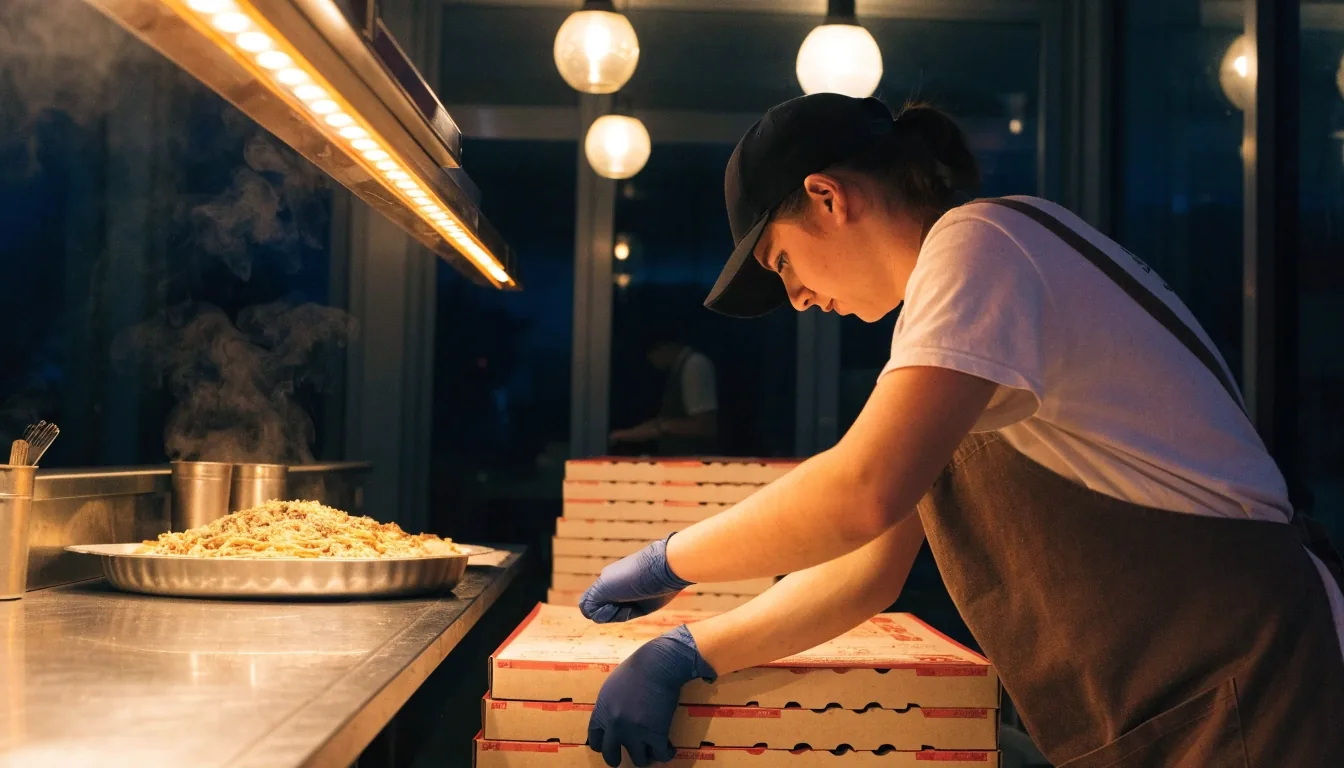 Papa Gino's counter at night with pizzas and pasta ready for a group pickup