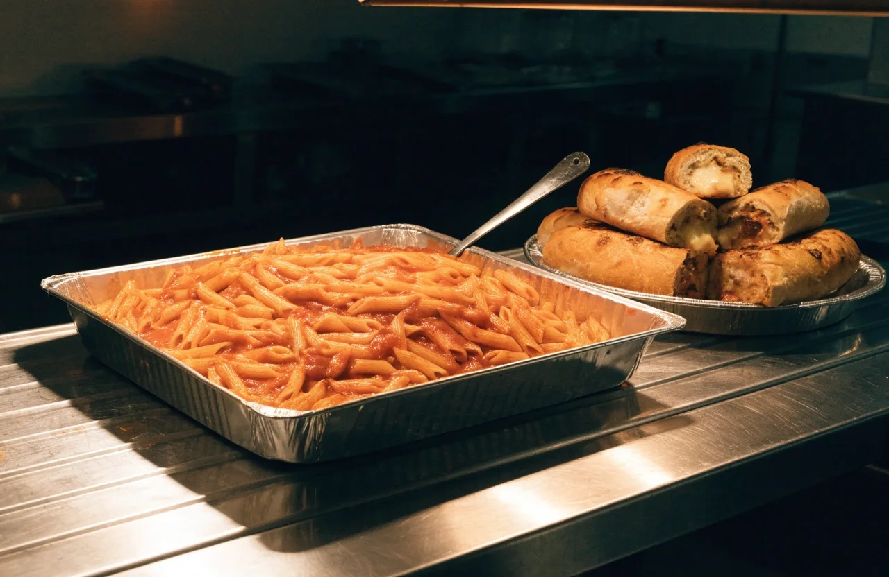 Pasta tray warming on the pass for a large group order