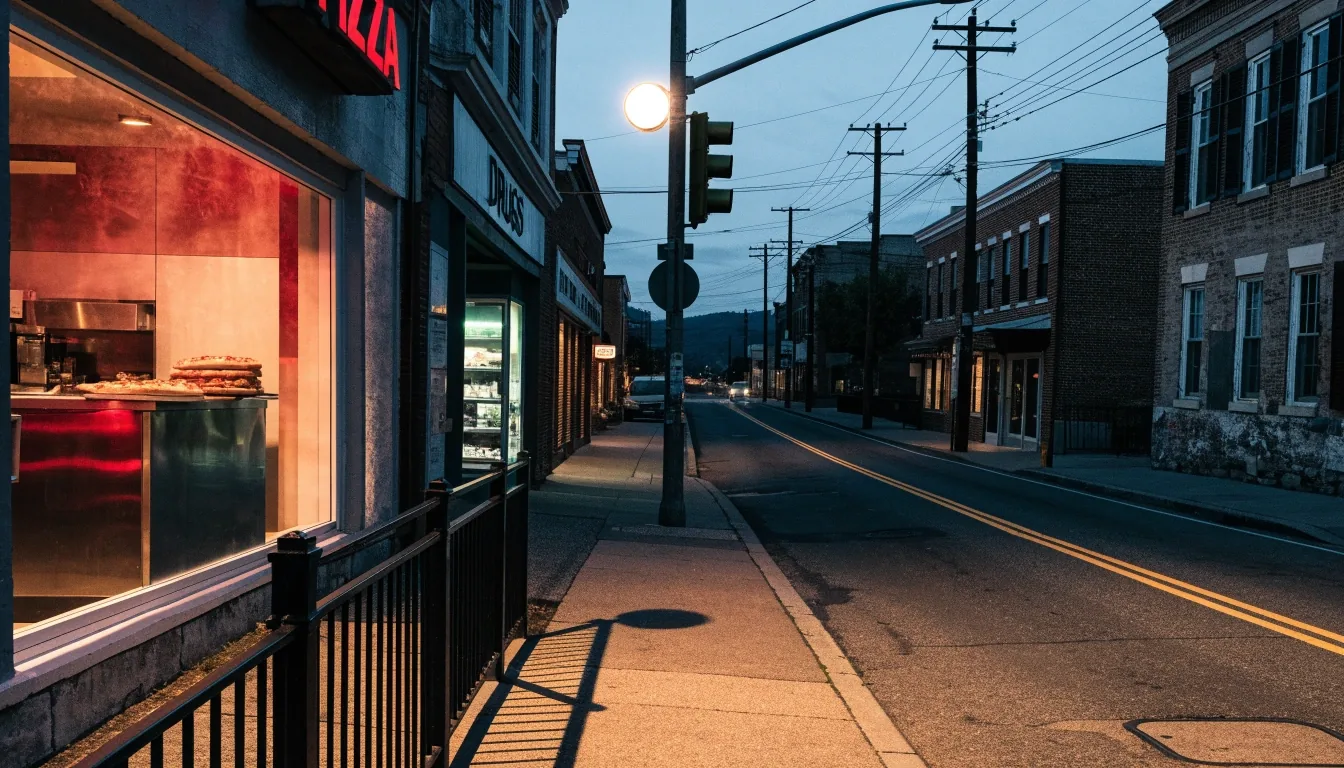 New England main street at dusk with warm storefront windows