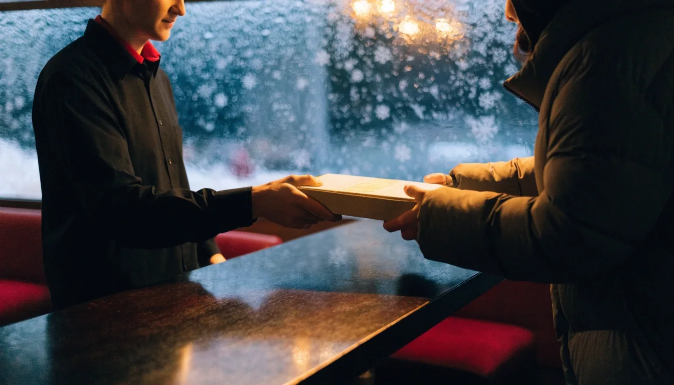 Quiet Papa Gino's counter edge by a snowy window at night