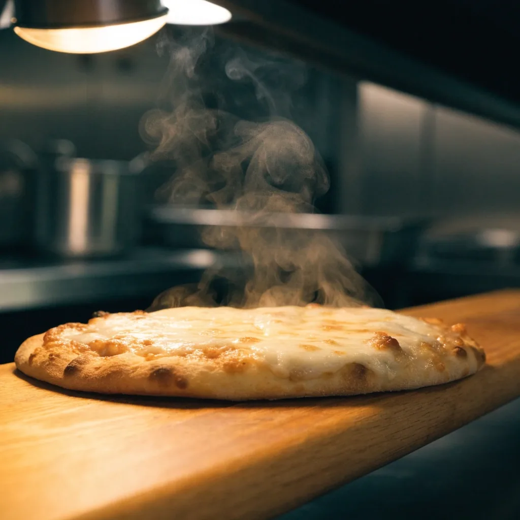 Thin-crust pizza on a peel at the pass under warm light