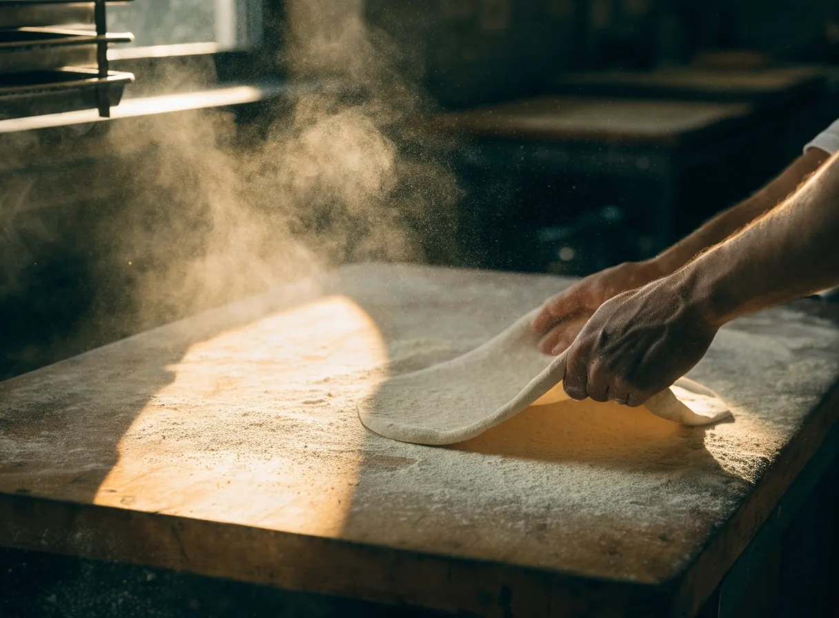 Dough bench with flour in warm light