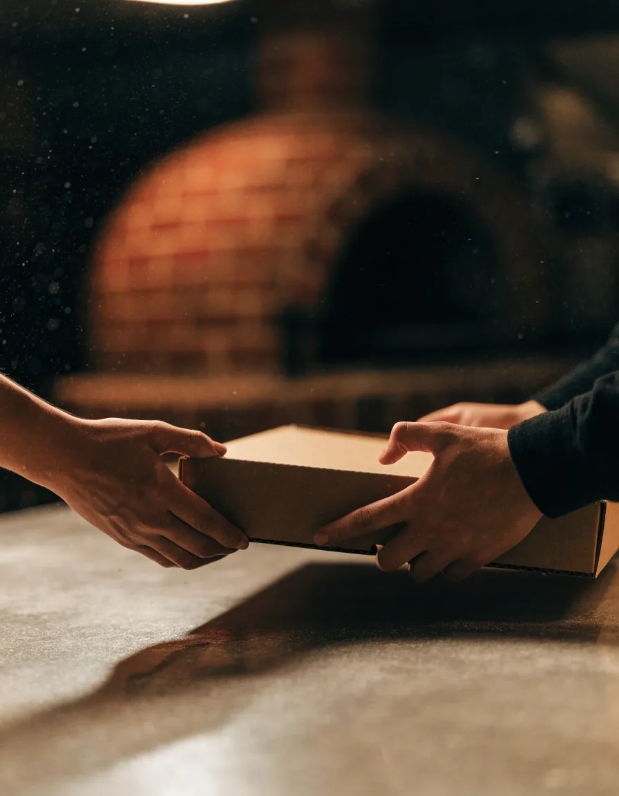 Hands sliding a pizza box across a dark counter