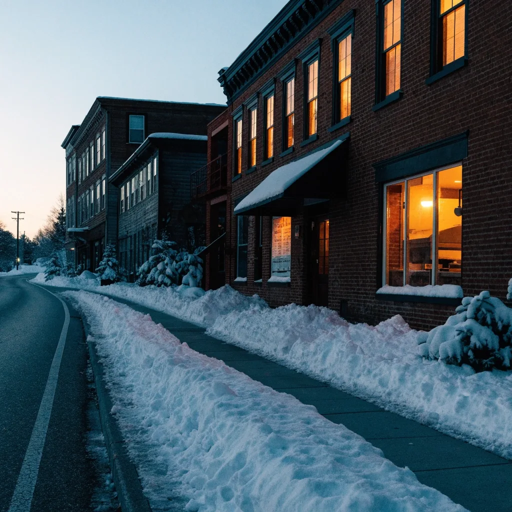 Small town street at dusk in winter