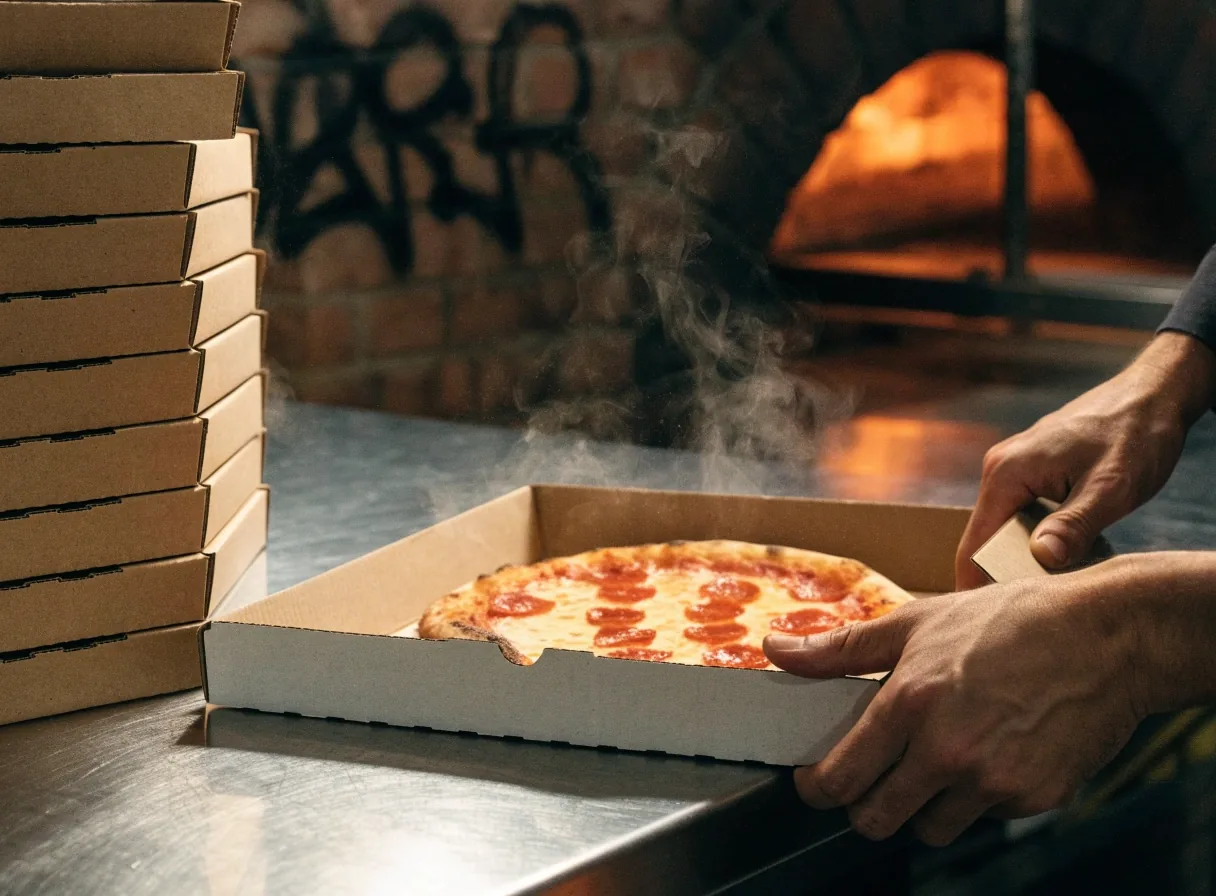 Hands sliding a warm pizza box across a dark counter