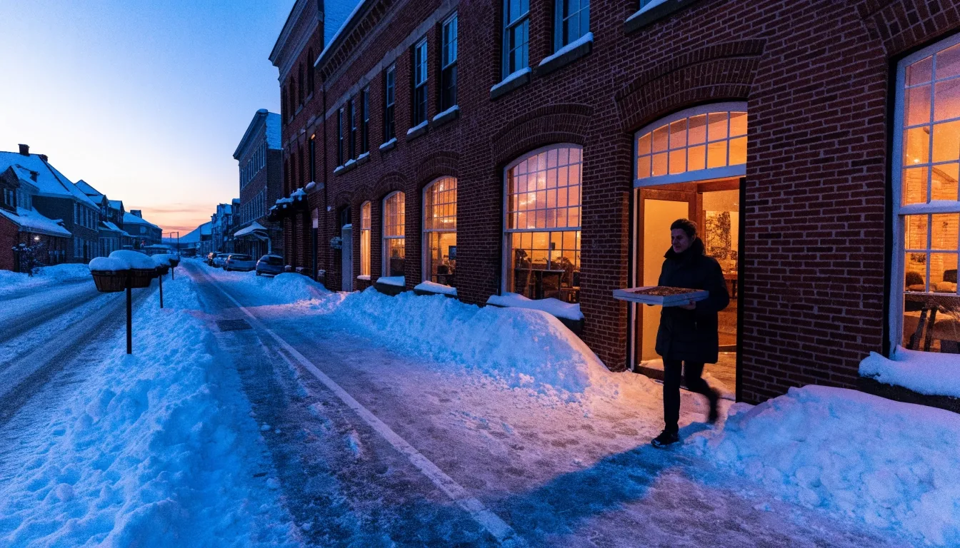 Papa Gino's storefront street at dusk with snow and warm windows