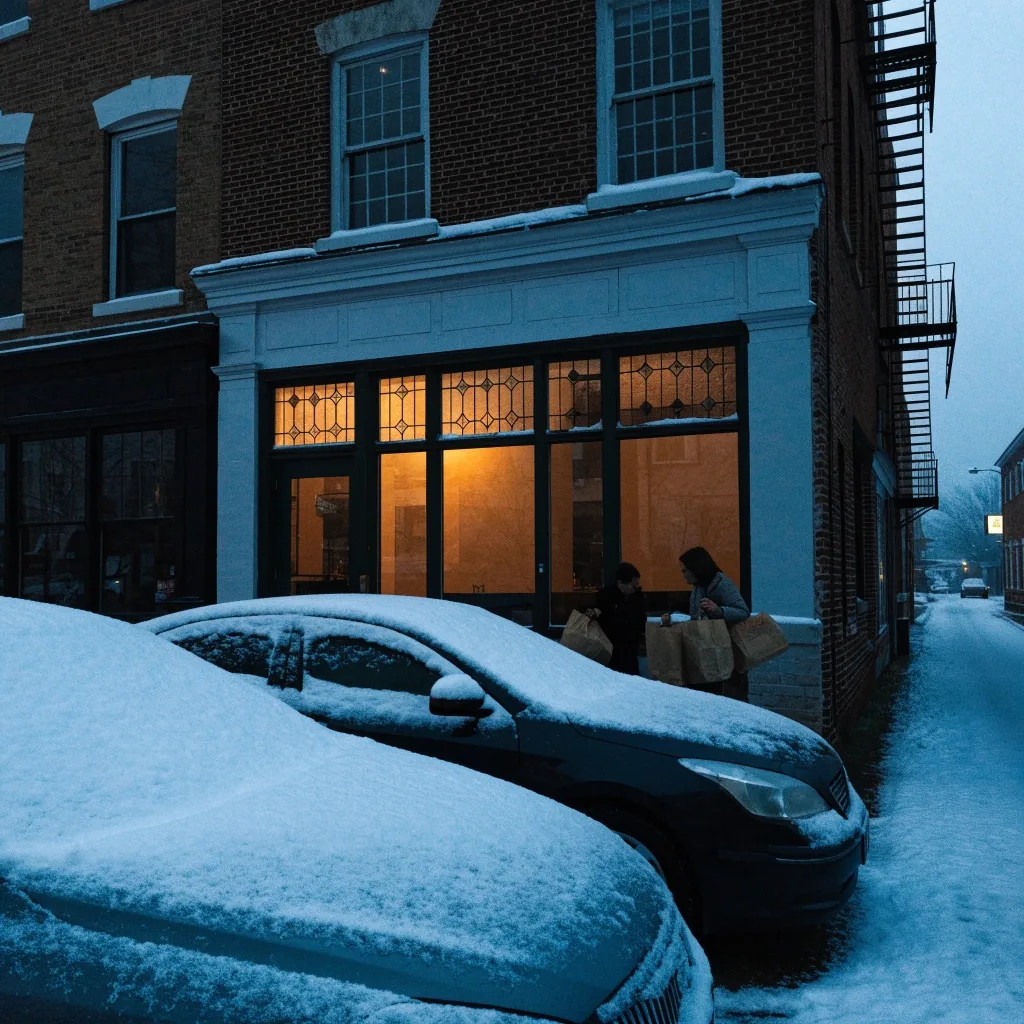 Quiet New England main street in winter at night