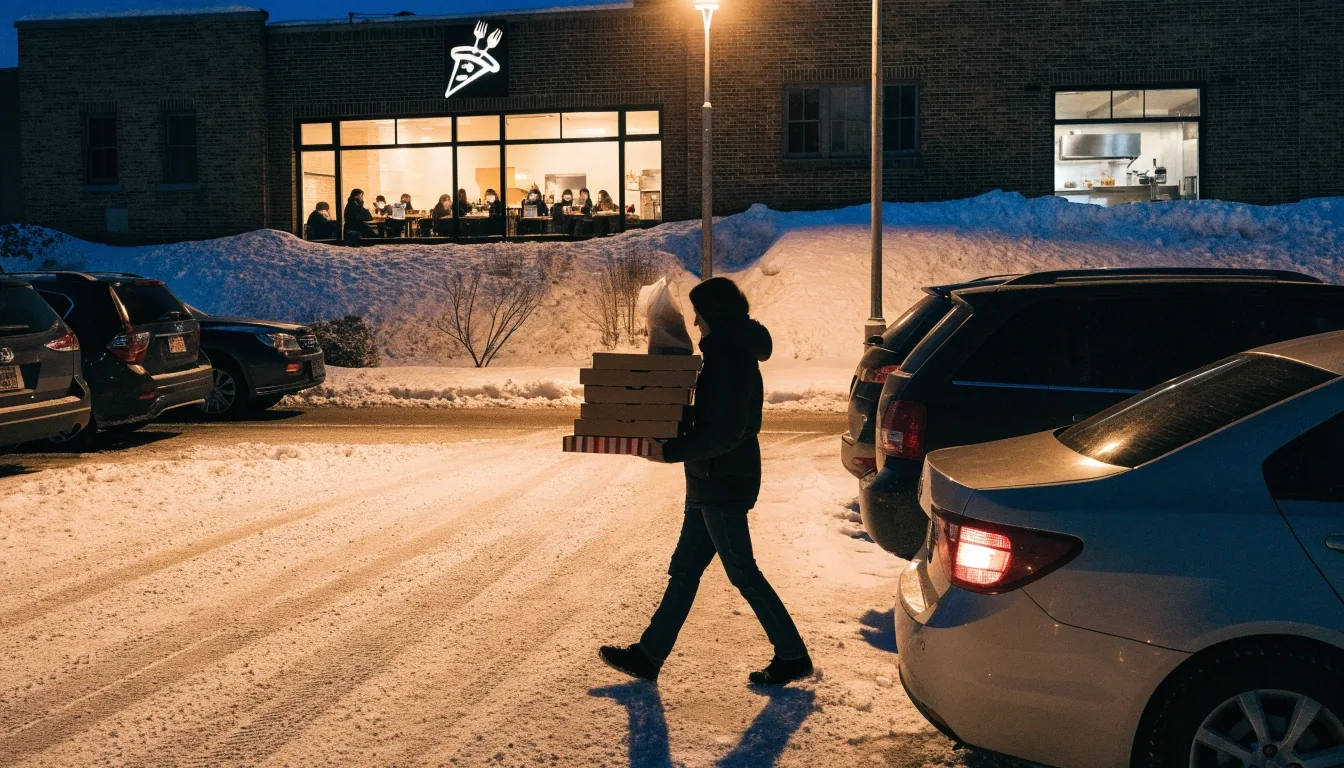Snowy parking lot outside a New England pizzeria at night