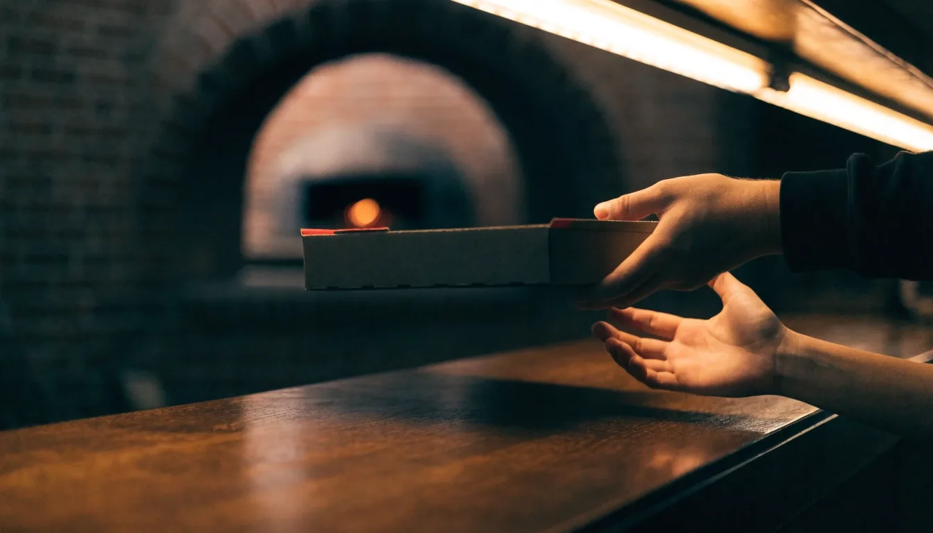 A hand sliding a pizza box across a dark pizzeria counter at night