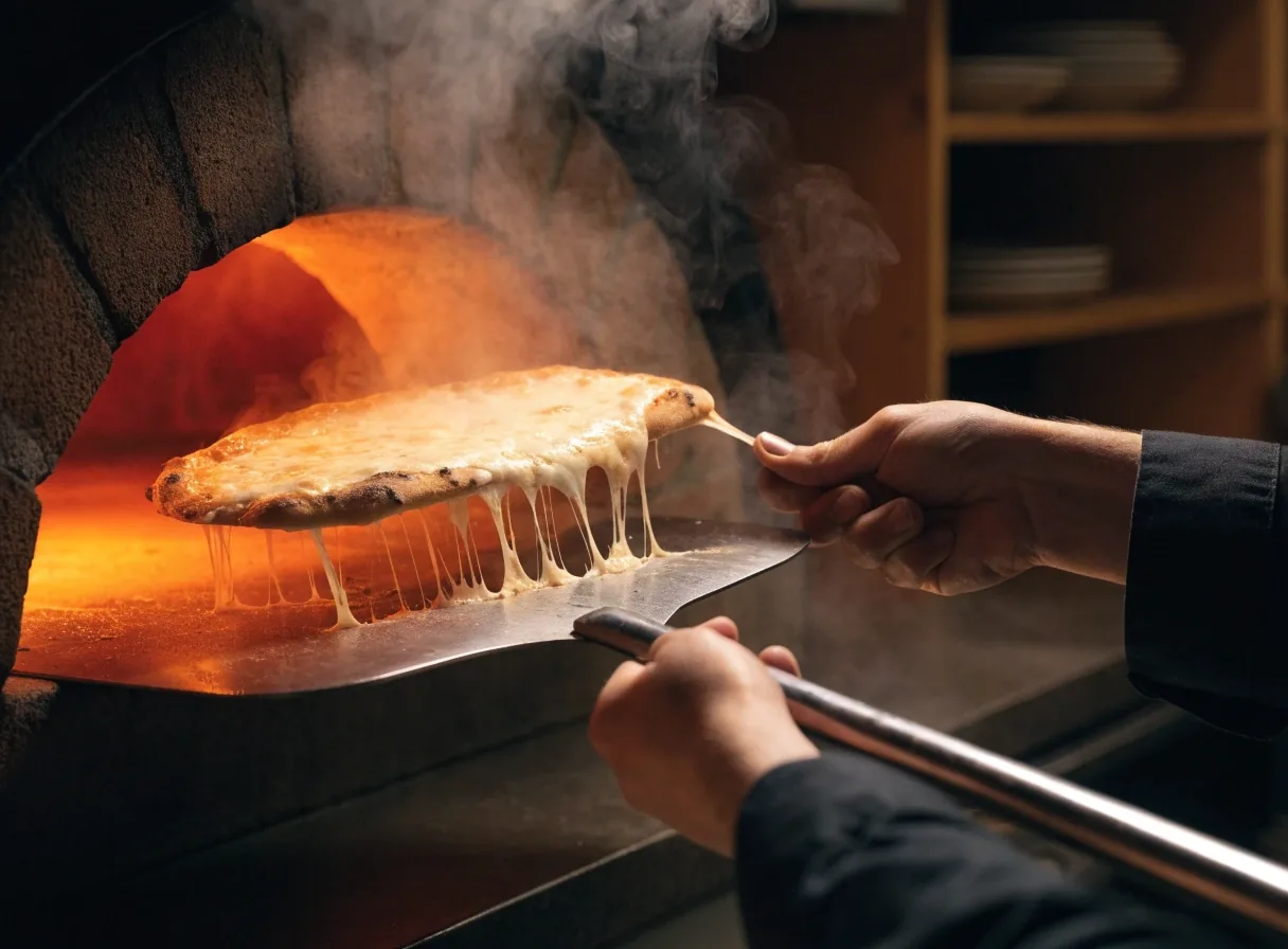 Fresh thin-crust pizza steaming on a metal peel