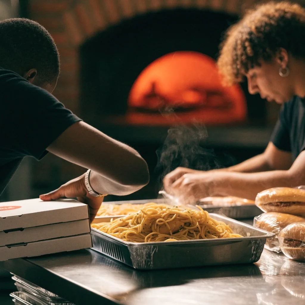 Hands preparing subs and a pizza box on a steel counter