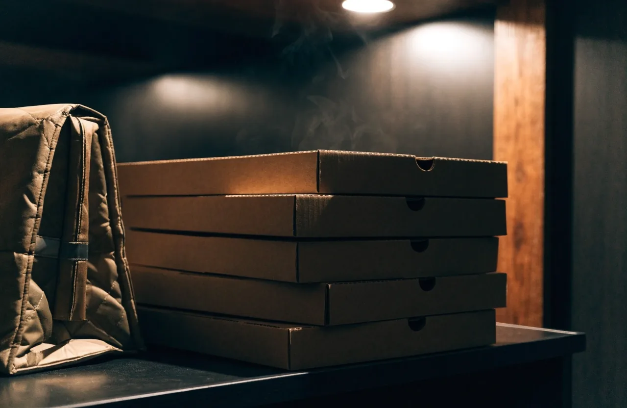 Stacked pizza boxes on a dark pickup shelf