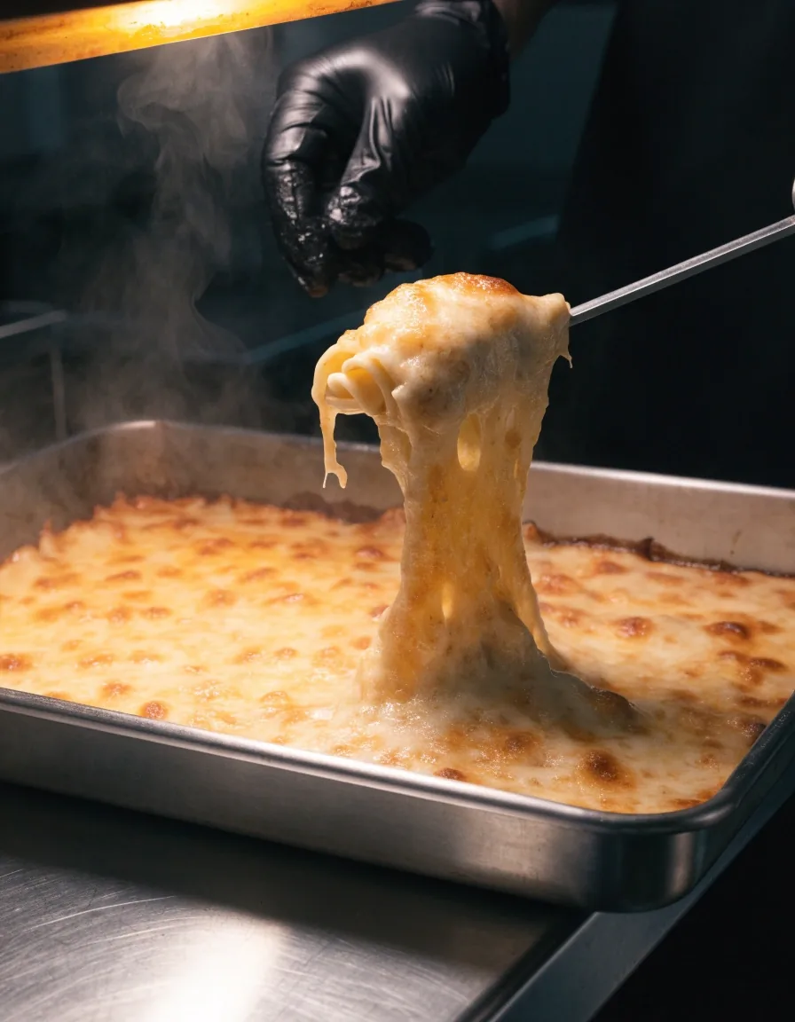 Pasta tray warming under a heat lamp