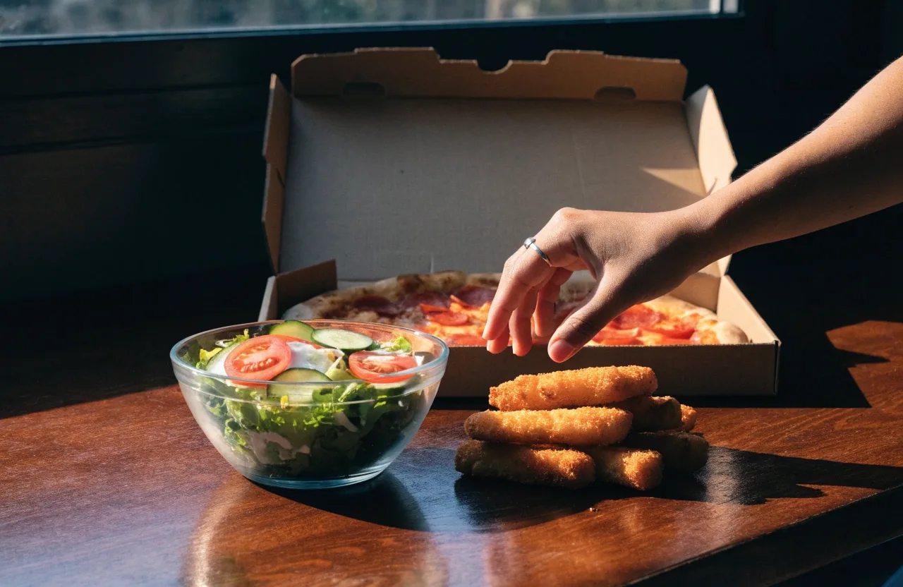 Salad and appetizers beside a pizza box