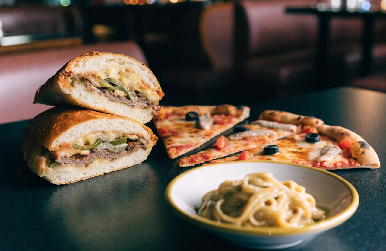 Shared pizza, pasta and salad spread on a dark table