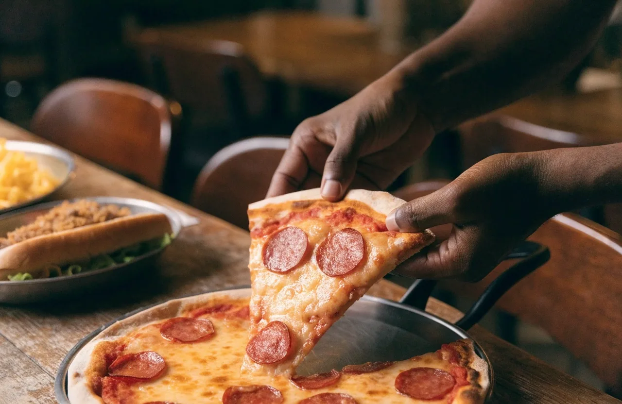 Thin-crust pizza resting at the pass