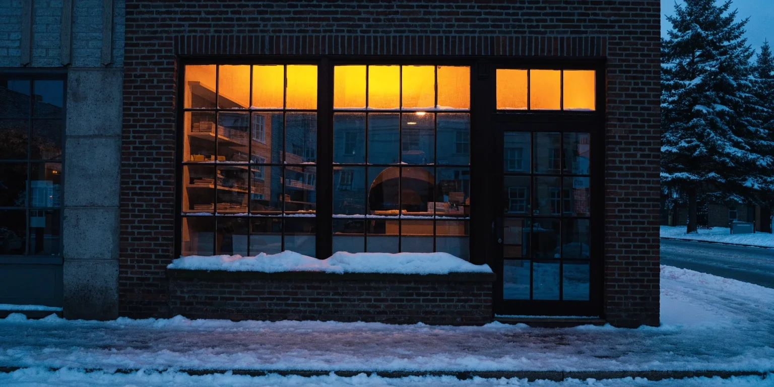 Quiet pizzeria storefront at night with snow on the sill