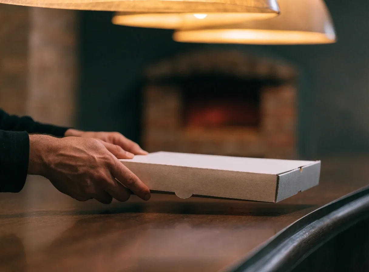 Hands sliding a pizza box across a dark pizzeria counter